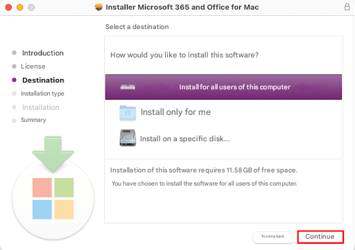 cliquer sur continue دانلود، نصب و فعال‌سازی Office 2024 برای مک تیر ۱۴۰۵
