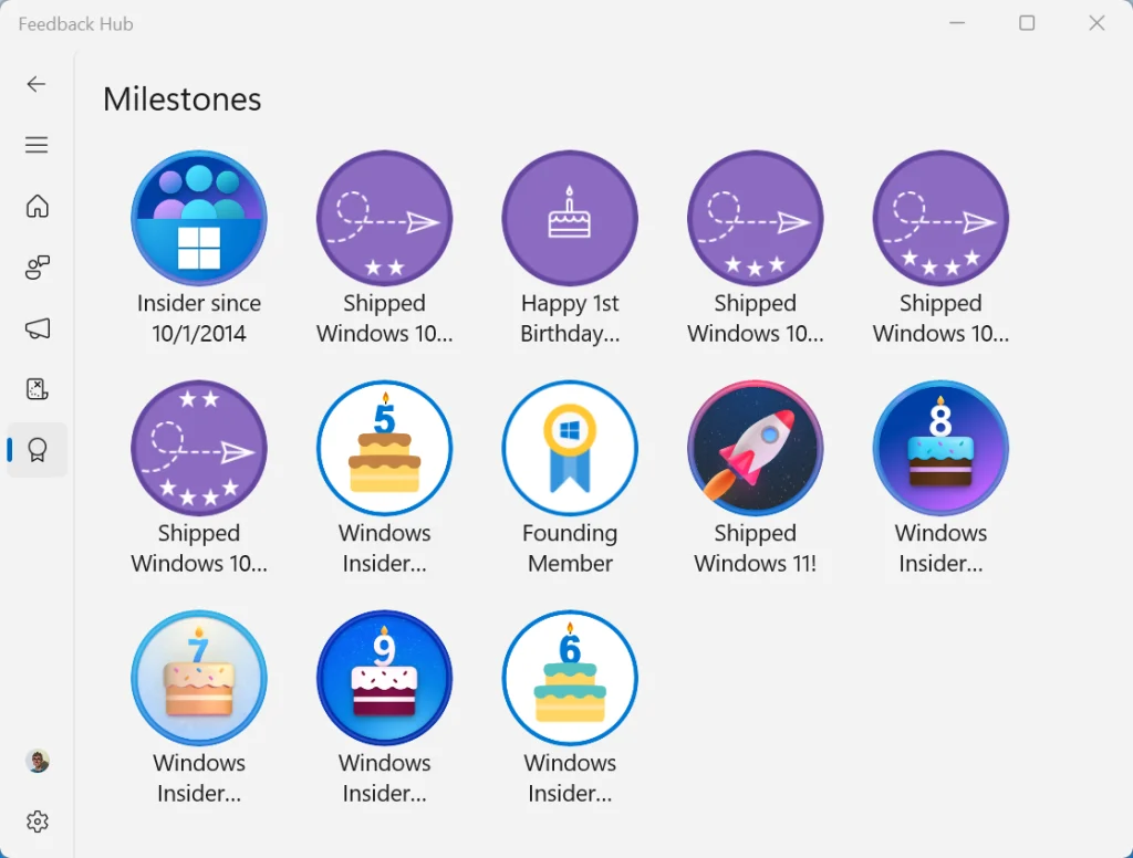 5 دلیل برای اینکه باید به Windows Insider بپیوندید (و 5 دلیل برای اینکه نباید) 3 Milestone badges in Microsoft Feedback Hub screenshot 5 دلیل برای اینکه باید به Windows Insider بپیوندید (و 5 دلیل برای اینکه نباید) خرداد ۱۴۰۵