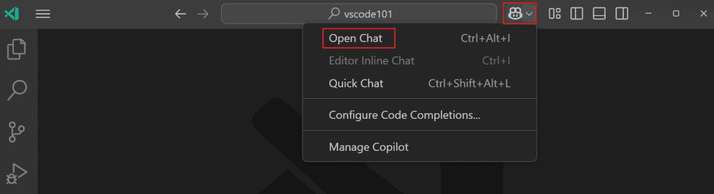 با GitHub Copilot در Visual Studio Code شروع به کار کنید 6 copilot chat menu command center با GitHub Copilot در Visual Studio Code شروع به کار کنید خرداد ۱۴۰۵