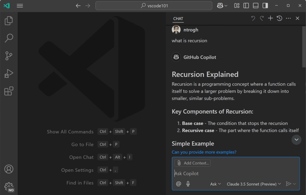 با GitHub Copilot در Visual Studio Code شروع به کار کنید 8 copilot chat view recursion با GitHub Copilot در Visual Studio Code شروع به کار کنید خرداد ۱۴۰۵