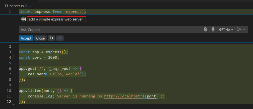 با GitHub Copilot در Visual Studio Code شروع به کار کنید 4 copilot inline chat express server با GitHub Copilot در Visual Studio Code شروع به کار کنید خرداد ۱۴۰۵