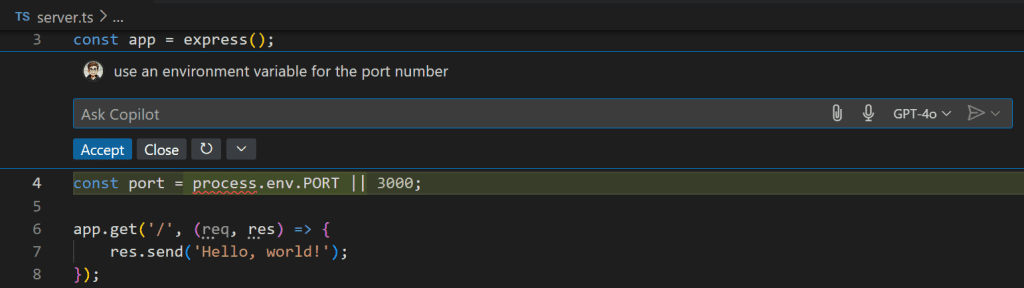 با GitHub Copilot در Visual Studio Code شروع به کار کنید 5 copilot inline chat refactor port با GitHub Copilot در Visual Studio Code شروع به کار کنید خرداد ۱۴۰۵