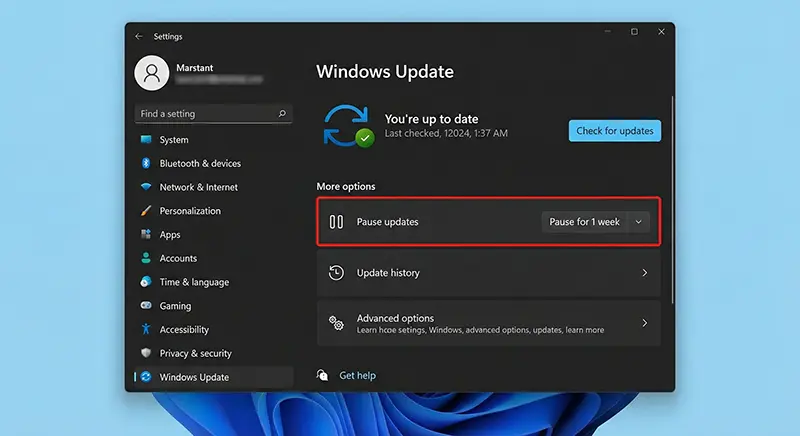pause windows 11 updates settings menu هشدار Windows 11: آپدیت KB5074109 باعث مشکل در Outlook و هنگ سیستم می‌شود شهریور ۱۴۰۵