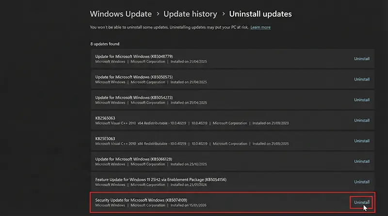 uninstall windows 11 update kb5074109 history هشدار Windows 11: آپدیت KB5074109 باعث مشکل در Outlook و هنگ سیستم می‌شود شهریور ۱۴۰۵